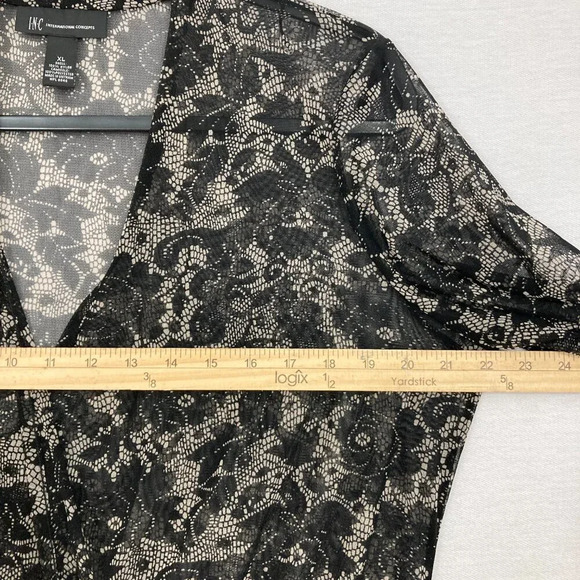 INC International Concepts Black Cream Floral Wrap Surplice Sheer Blouse XL - Picture 6 of 9